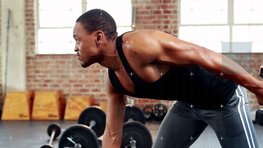 Man grabbing dumbbell, performing single-arm rows for fitness, animated rep counter guiding rest. Gym, weights, training, strength, industrial, brick, daylight