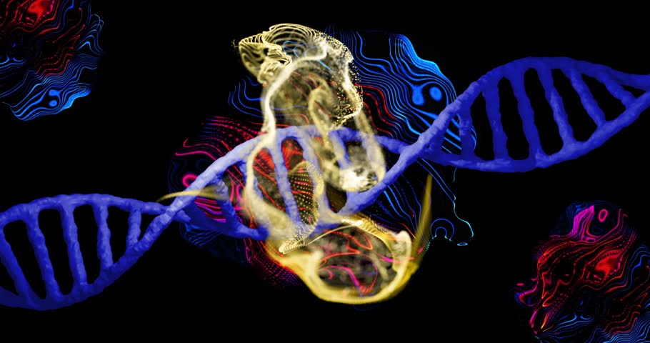 Central glow sparking gold cloud growing, curling, wrapping over blue helix, visualizing flow. Nebula, particles, filaments, ribbons, wisps, neon, abstract