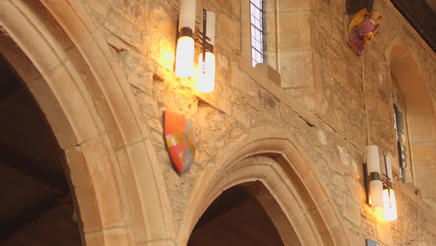 Nave Arches And Interior Wall Details Of Bradford Cathedral In West Yorkshire, UK. closeup, low angle shot