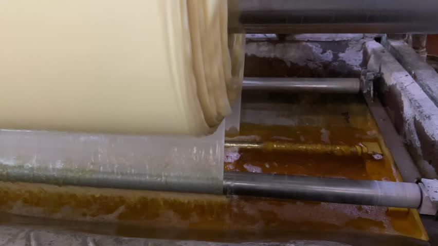 Industrial fabric dyeing machine running inside textile processing plant