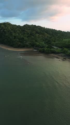 A beautiful view of a beach with a green forest in the background