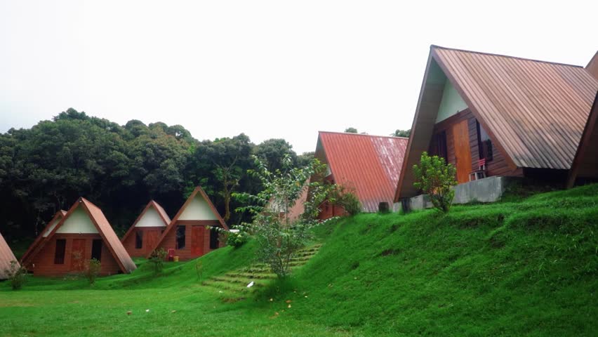 A-Frame Wooden Cabins on a Green Hillside in Tropical Forest