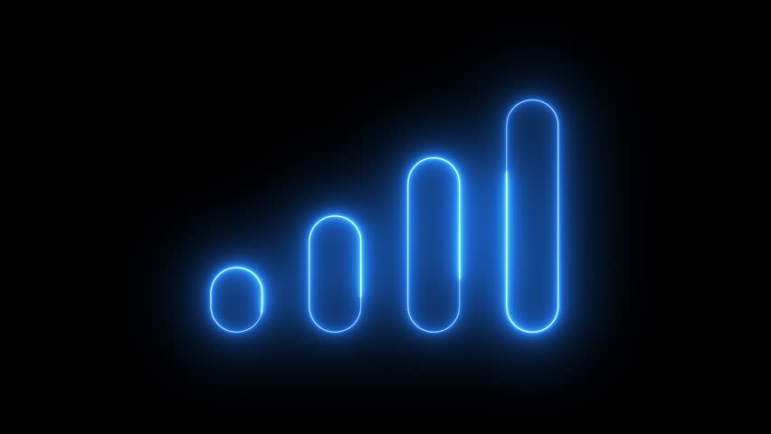 Full signal strength indicator animation with blue glow effect on a black background, representing mobile connectivity, wireless network, and technology interface concept