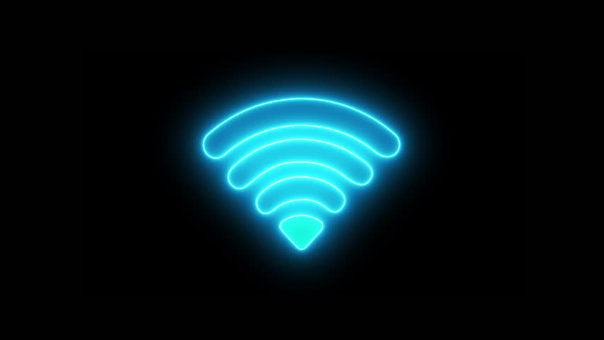 Wi-Fi icon with blue neon glow and expanding signal waves, symbolizing wireless internet connectivity, network coverage, and digital communication technology