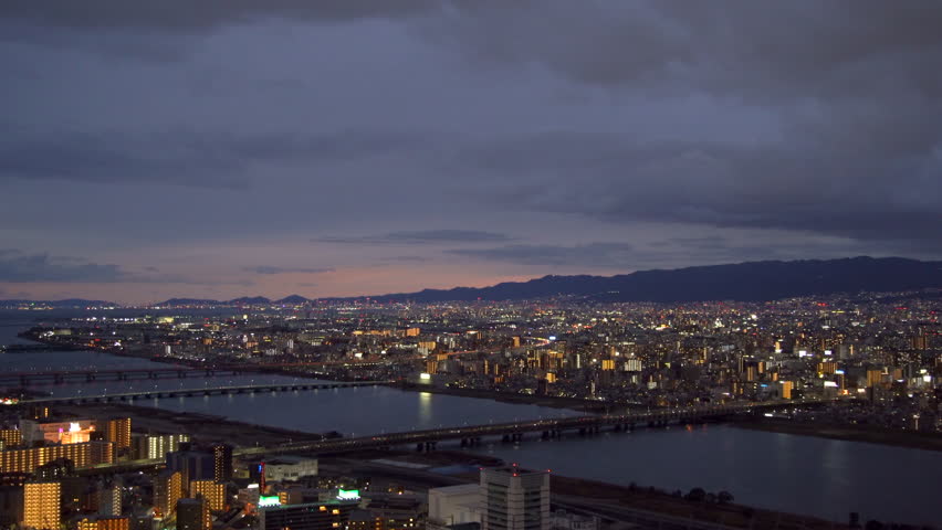 Aerial twilight view looking northwest from Osaka