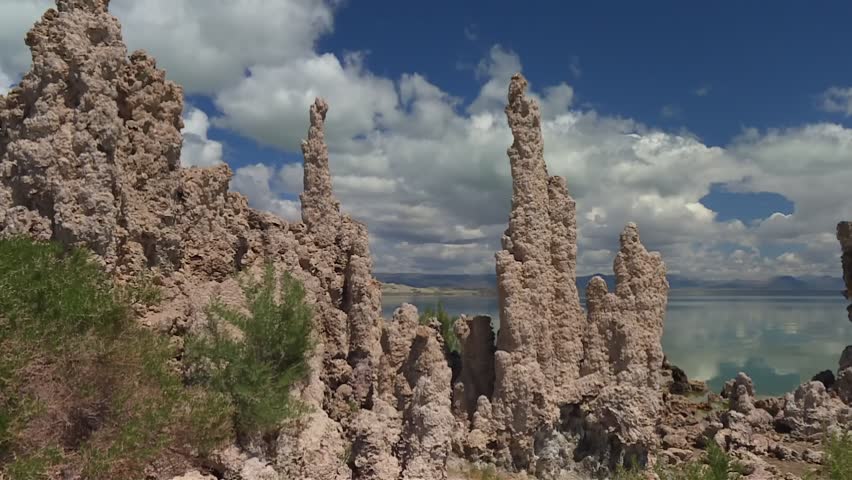 Mono Lake tufa columns forming unique geology against sky in California, USA