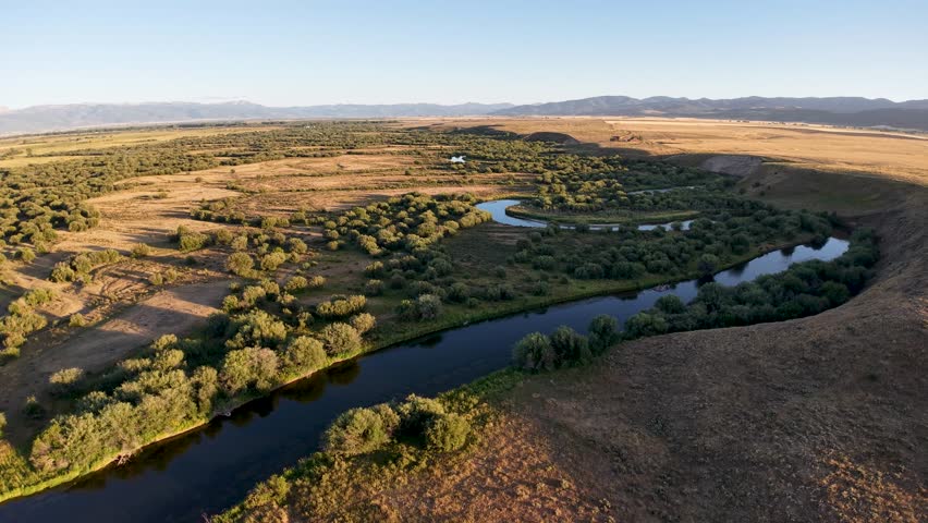 Aerial view of the Snake River winding through rural Idaho farmland with green trees and golden fields under a clear blue sky.