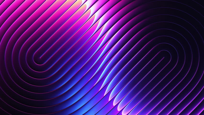 Neon gradient light refracting through ribbed glass with smooth contour curves and flowing geometry. Parallel wave contours and fluid bends with glowing gradient for tech showcases, presentations, digital art installations, advertising and ui motion design. Glowing gradient sliding along curved ridges. Colors shift between pink violet blue producing calm immersive atmosphere for screensavers, branding backdrops, music visuals and ambient video walls. Seamless loop. 4K