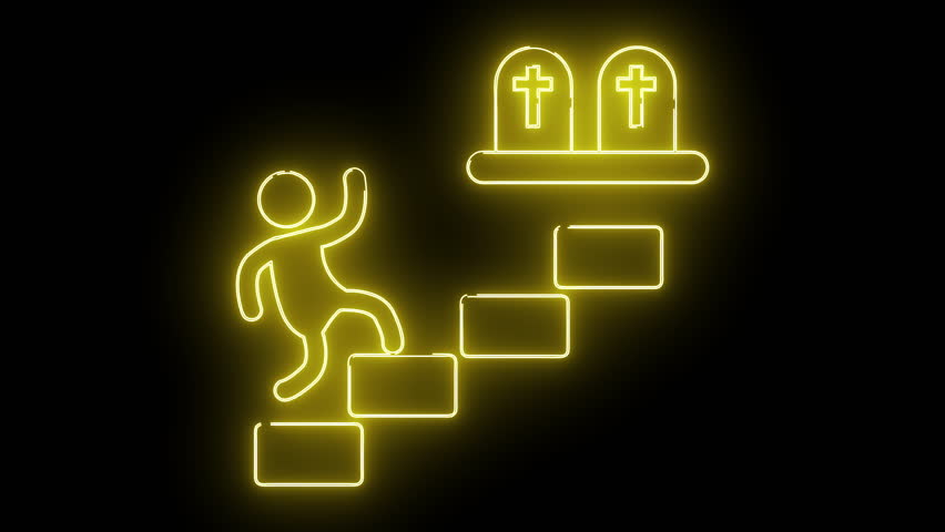 Neon illustration of figure climbing stairs towards tombstones