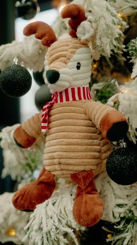Festive Stuffed Reindeer Plush Toy with Scarf on Christmas Tree