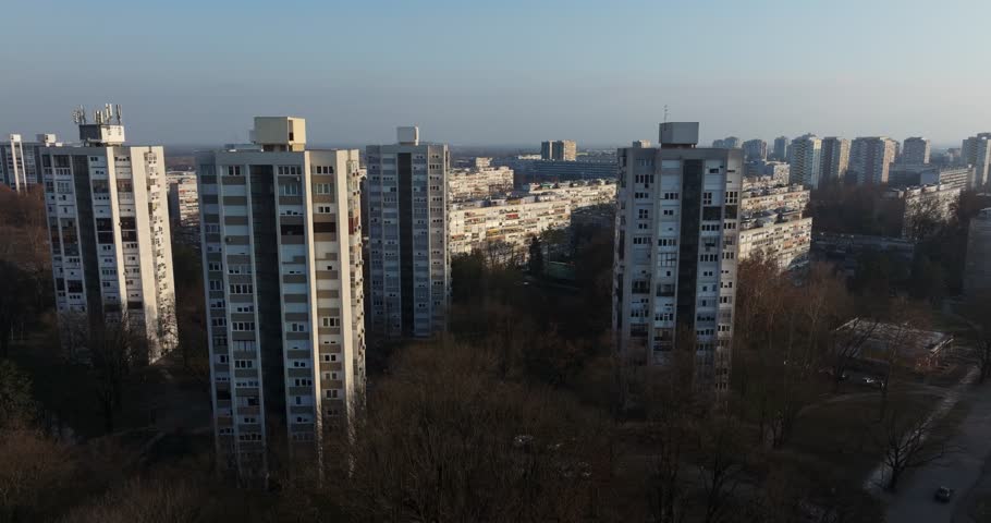 Aerial view of Zagreb residential towers on a clear day, urban landscape