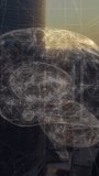 Vertical video: Dusk sparking 3D holo brain appearing rotating pulsing over skyline showing network. Hologram, neural, translucent, grid, nodes, rooftop, vertical video - Powered by Shutterstock - Get 15% off with code: PIKWIZARD15