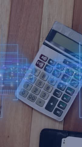 Vertical video: Blue grid appearing, drifting to calc; camera shifting, revealing planner to demo. Desk, calculator, holographic, overlay, wooden, papers, vertical video