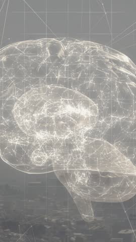 Vertical video: Node sending pulse, 3D brain hologram rotating and pulsing to map neural activity. Holographic, translucent, neuron, cerebellum, gridlines, wireframe, vertical video