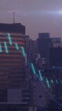 Vertical video: Teal waveform entering left tracing skyline curve pulsing bars showing network flow. Cityscape, highrise, skyscraper, dusk, twilight, holographic, vertical video - Powered by Shutterstock - Get 15% off with code: PIKWIZARD15