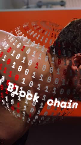 Vertical video: Male reaching, gripping kettlebell in gym, binary sphere over torso for fitness. Weight, dumbbells, grip, training, strength, athletic, vertical video