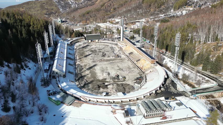 Medeu high-mountain skating rink under reconstruction aerial view