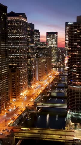Sunset Skyline Downtown Chicago At Chicago In Illinois United States. Highrise Buildings Landscape. Colorful Sunset. Chicago At Illinois United States. Stunning Cityscape. Downtown Scenery.