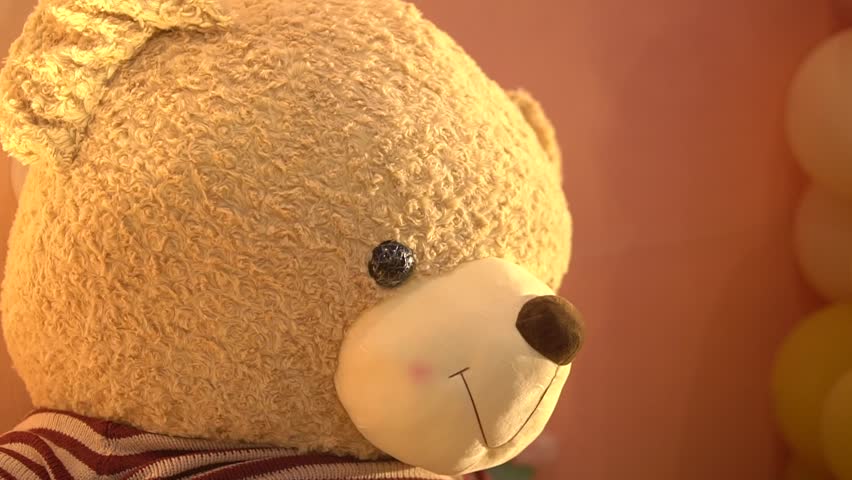 show item is a stuffed teddy bear toy, It features beige plush fur, a smooth white snout, and a striped shirt