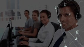 Animation of globe of digital icons over team of diverse customer care executives working. Business data technology concept - Powered by Shutterstock - Get 15% off with code: PIKWIZARD15