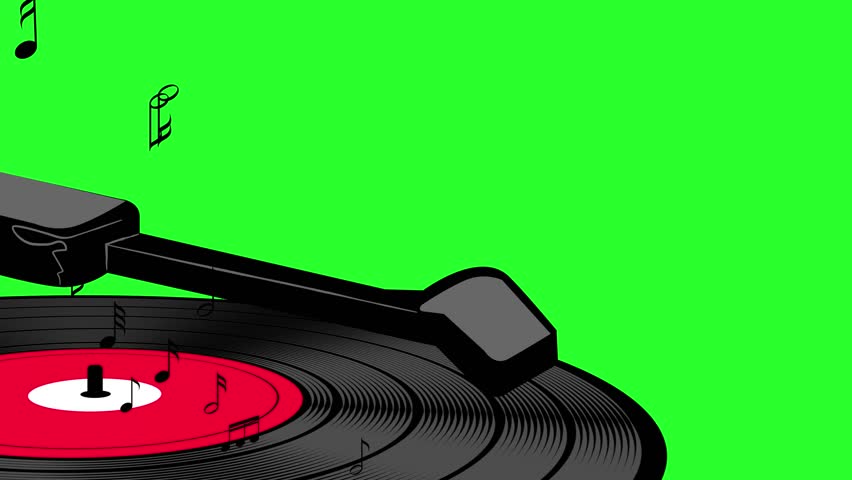 A vinyl record spins against a green background. 2D animation of a vinyl record against a green background. A spinning record and floating musical notes.