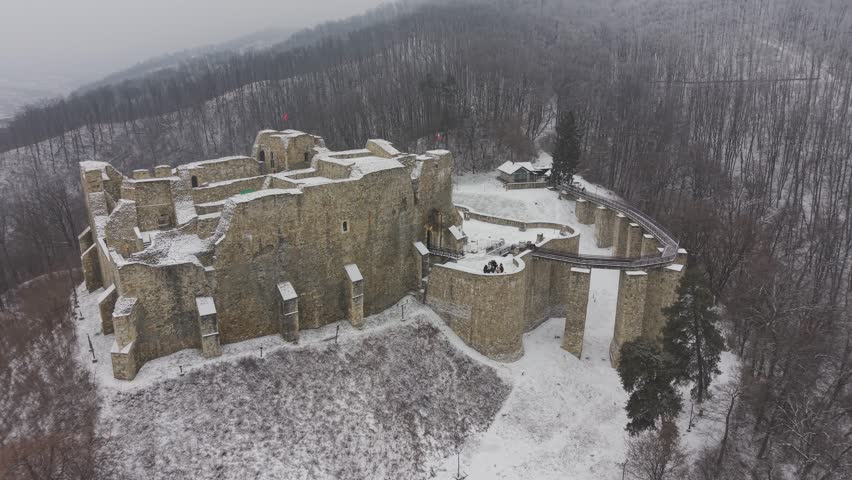 Targu Neamt fortress citadel filmed in the winter with drone