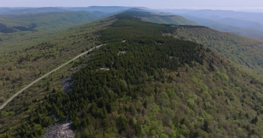 High point aerial dolly to platform, expansive forest and distant Appalachian ridgelines, Spruce Knob WV