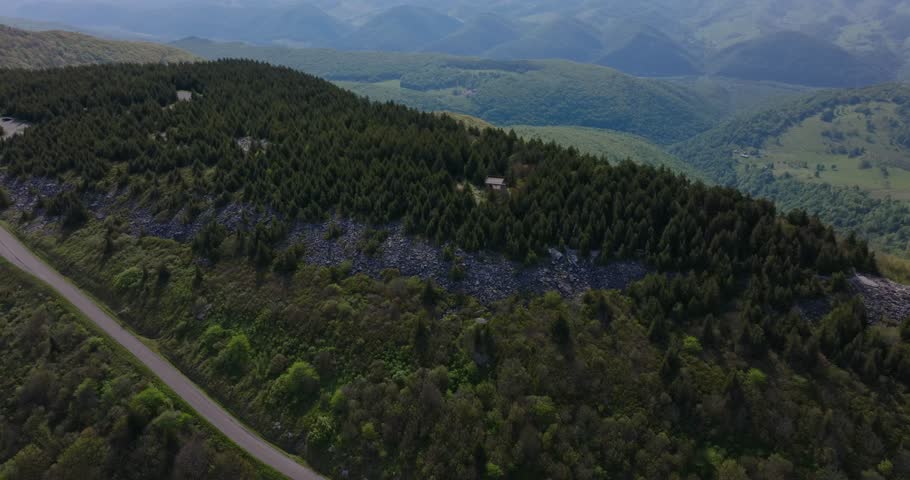 Smooth aerial tilt up revealing forest canopy and distant mountain horizons at Spruce Knob