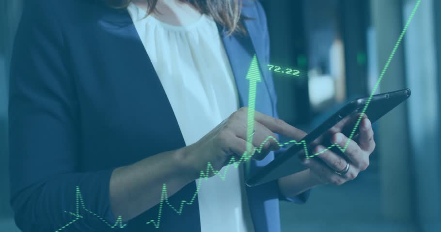 Analyzing financial data over businesswoman using tablet. Finance, data analysis, technology, professional, analytics, office