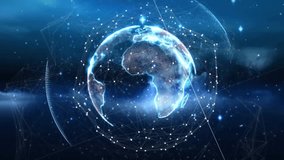 Rotating grid globe forming ring glow, pulsing nodes, sweeping clock hands visualizing time. Futuristic, technology, data, digital, abstract, visualization, network - Powered by Shutterstock - Get 15% off with code: PIKWIZARD15