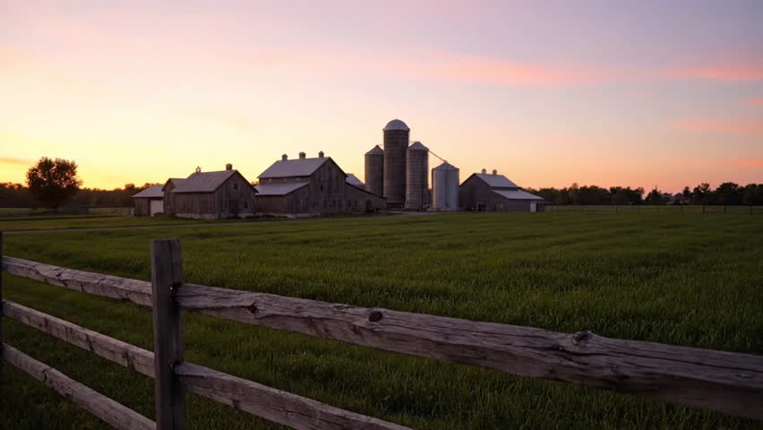 Rustic farm landscape at dusk with wooden fence and silos against a pastel sunset sky serene
