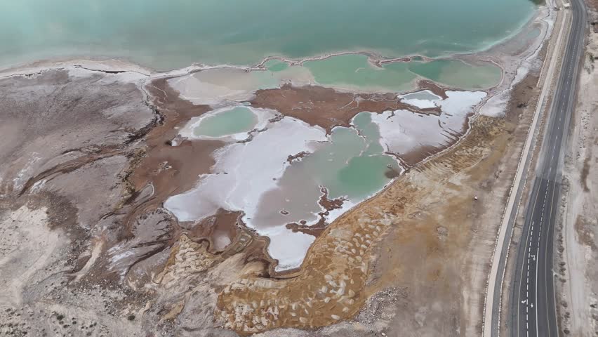Dead Sea Shore and Desert Landscape Aerial View, Israel