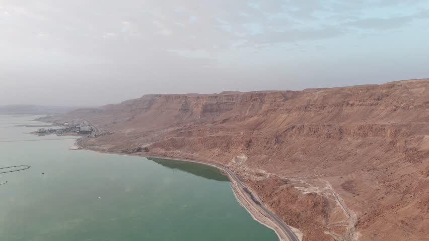 Dead Sea Shore and Desert Landscape Aerial View, Israel