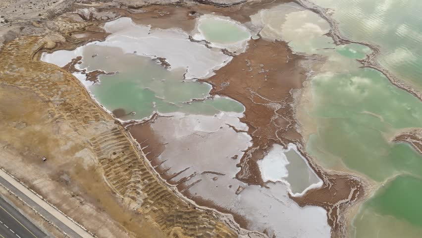 Dead Sea Shore and Desert Landscape Aerial View, Israel