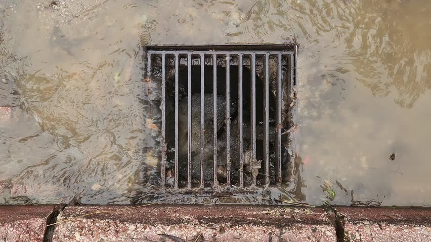 A close-up of murky rainwater rushing through a metal street drain during a heavy downpour, capturing the swirling motion and urban flooding struggle