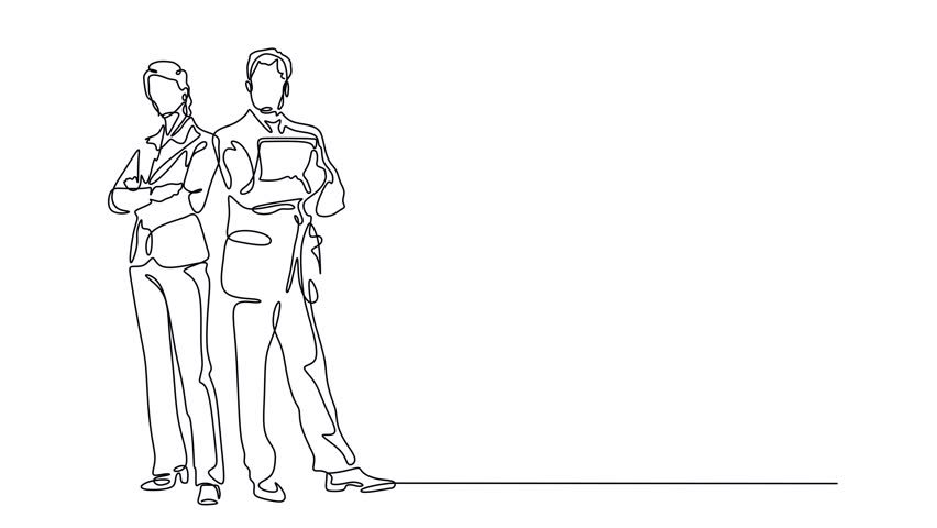 Animated self drawing of continuous line draw  business people, businesswoman and businessman. Business teamwork concept. Full length one line animation. 4K