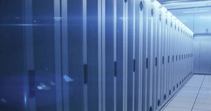 On load camera gliding down narrow server rack aisle showing live data overlays toward sealed door. Technology, data center, digital, cybersecurity, futuristic, infrastructure, network - Powered by Shutterstock - Get 15% off with code: PIKWIZARD15