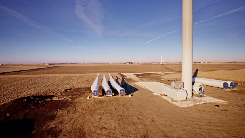 Cinematic aerial shot of wind turbines under construction across rural Illinois farmland