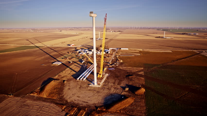Aerial view of wind turbine construction across Illinois plains