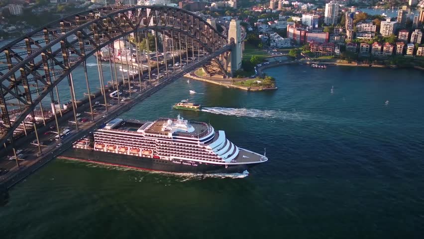 Cruise ship sailing under large bridge in coastal city waters.