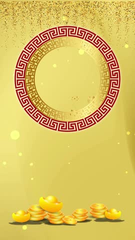Chinese New Year | Lunar New Year | The Year of Horse - Horse with Firecrackers behind Scattered Gold Coins, beside Rotating Circle Ornament with a Fan on It. Chinese Translation: "Happy New Year and Best Wishes for Prosperity." • sstkLunarNewYear • sstkVertical