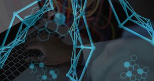 Engineer initiating AR demo monitoring molecular lattice rotating with code overlay above bench. Technology, innovation, holography, data visualization, cybernetics, digital interface, engineering - Powered by Shutterstock - Get 15% off with code: PIKWIZARD15