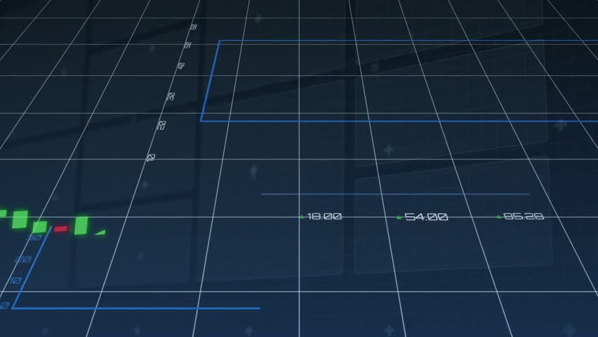 3D grid opening candlesticks, bars pulsing pie charts forming lines emerging showing market trends. Futuristic, data, analytics, technology, visualization, interface, digital