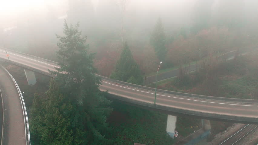 A grey SUV driving on a ramp on a misty and foggy day. The road infrastructure is surrounded by evergreen trees and dried grass.  