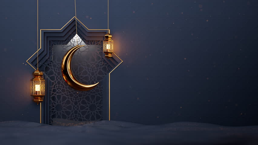Black Islamic interior with ornate window, hanging golden moon and lanterns animation. Ramadan Kareem Islam motion background with magic sparks. Holiday elegant animated 3d backdrop