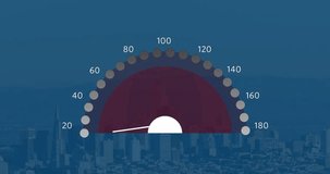 Animation of speedometer and binary coding against aerial view of cityscape. Global networking and business technology concept - Powered by Shutterstock - Get 15% off with code: PIKWIZARD15