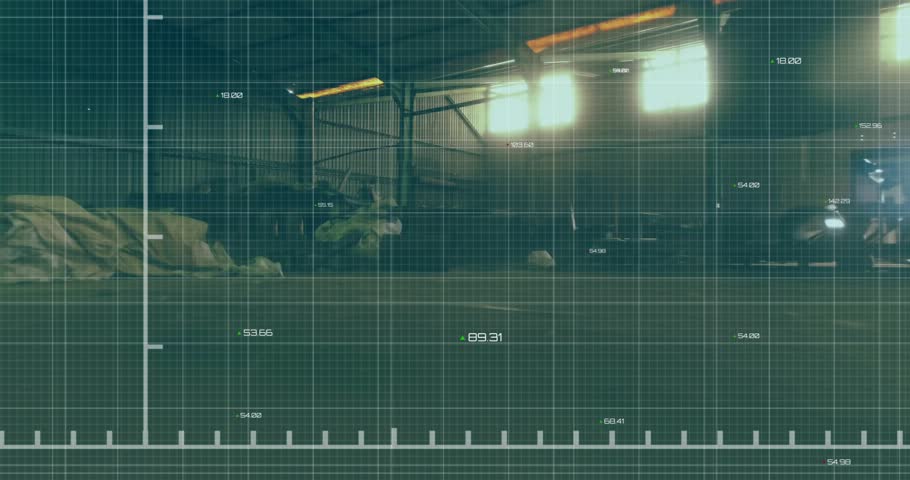 Red line graph animation over industrial warehouse with various items scattered around. Data, analytics, storage, inventory, business, goods