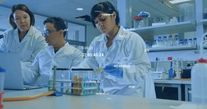 female scientist pipetting sample in lab activating digital globe overlay while team analyzing data. Research, innovation, analytics, collaboration, technology, precision, discovery - Powered by Shutterstock - Get 15% off with code: PIKWIZARD15
