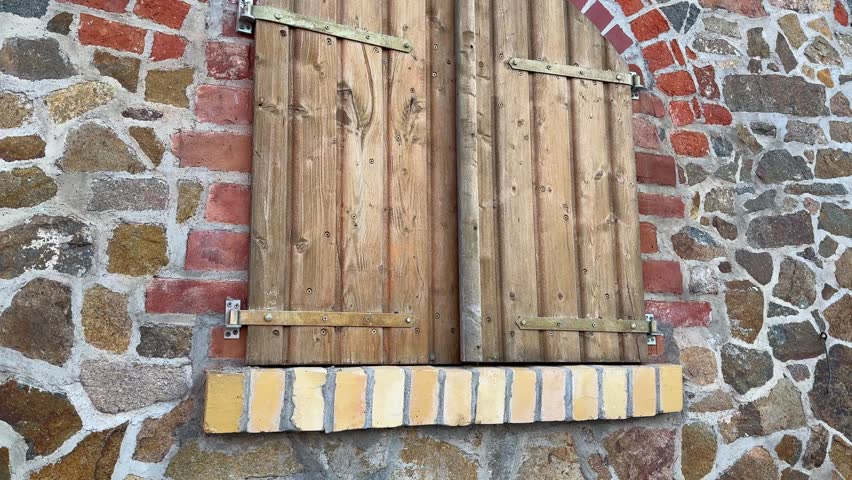 Rustic old wooden shutters in stone wall with brick arch