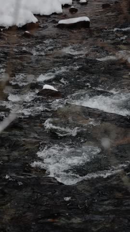 Slow Motion Flowing River Covered with Snow, Vertical Winter Video